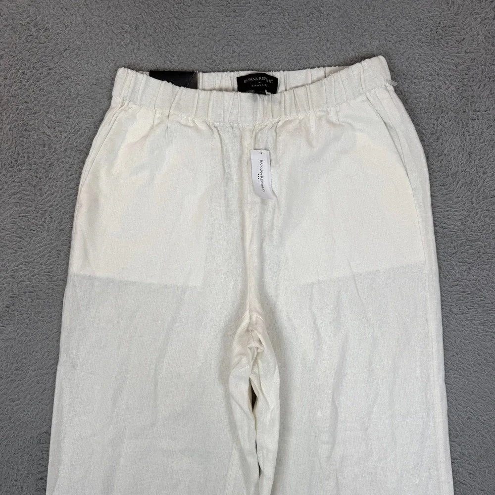 Banana Republic Womens White Linen Blend Straight Leg Elastic Waist Pants XS NEW